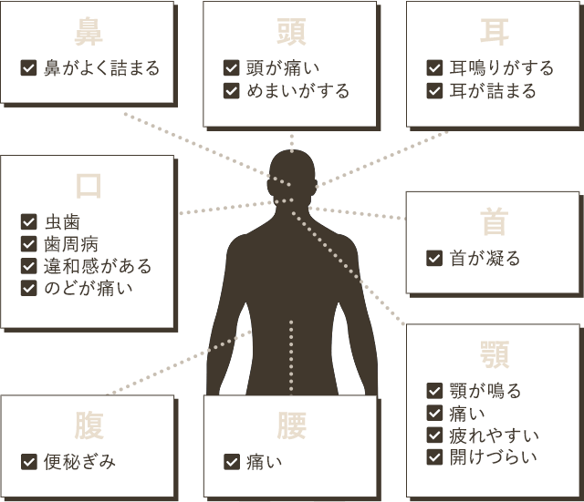 鼻が良く詰まる・頭が痛い・めまいがする・耳鳴りがする・耳が詰まる・虫歯・歯周病・口に違和感がある・のどが痛い・首が凝る・便秘ぎみ・腰が痛い・顎がなる・顎が痛い・顎が疲れやすい・顎が開けづらい